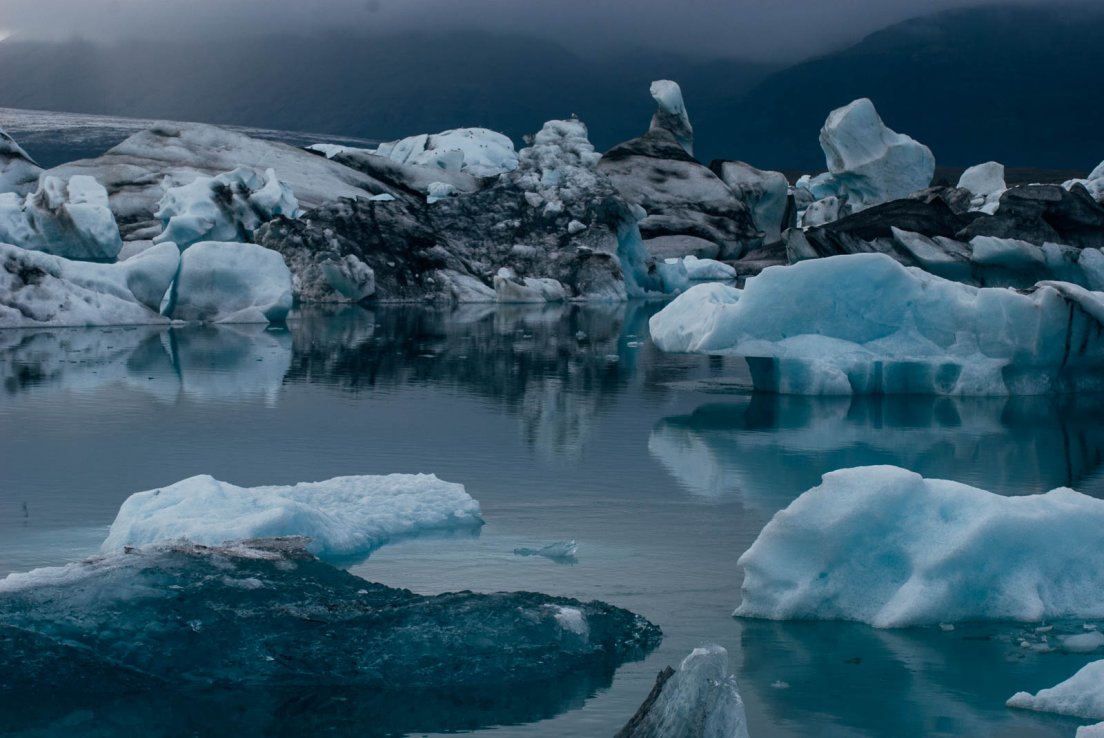 Landscape of icebergs upon a lake